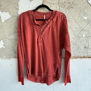 Free People Brick Red Floral Thermal Waffle Knit Long Sleeve Top Boho Grunge XS